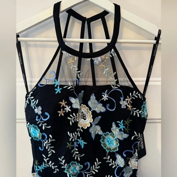 NWT Guess Black Mini Dress with Blue and White Embroidered Floral Design Size 0 - Picture 4 of 6